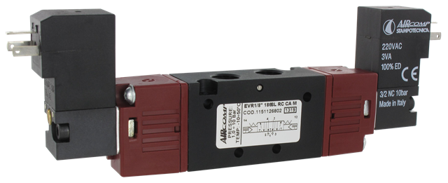 Distributeur électro-pneumatique 1/8\" 18 mm 5/3 retour centres ouverts 220AC