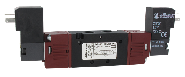 Distributeur électro-pneumatique 1/8\" 18 mm 5/3 retour centres ouverts 24DC