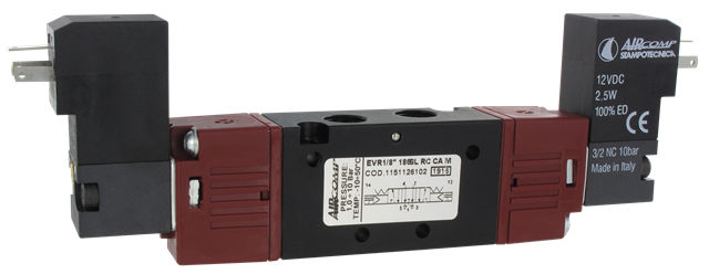 Distributeur électro-pneumatique 1/8\" 18 mm 5/3 retour centres ouverts 12DC
