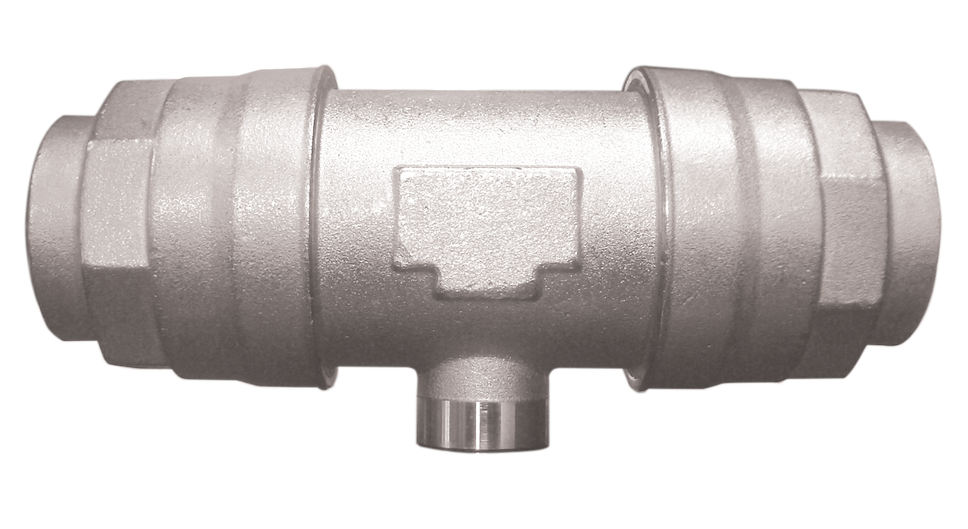 Female T-connectors on centre with cylindrical BSP water separator in nickel-plated brass