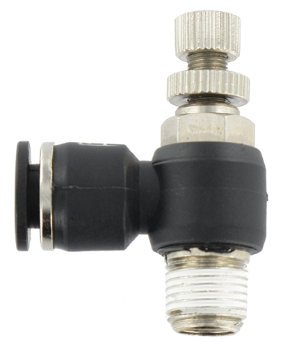 Flow control valves with knurled adjusting screw and push-in fitting unidirectional exhaust version tapered BSP in resin