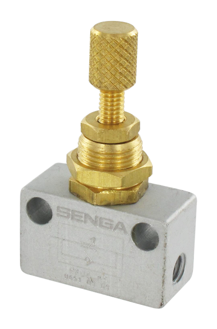 In-line unidirectional flow controller with axial threading M5