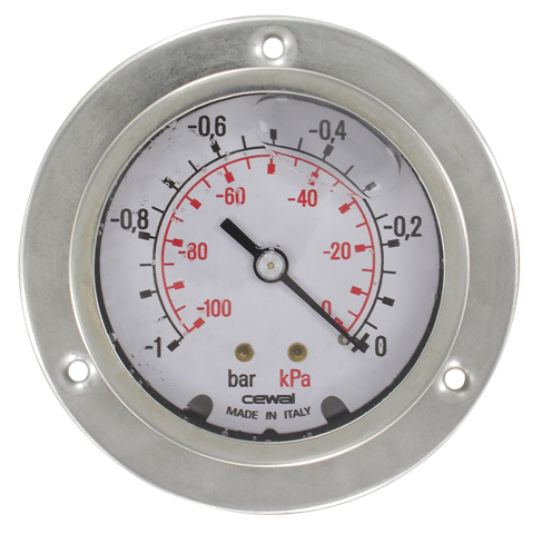 Manomètres à bain glycérine boitier inox D63 avec collerette avant 3 trous et raccord axial G1/4''