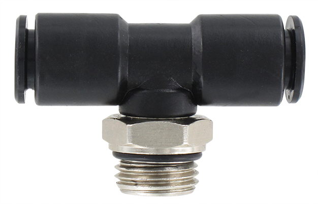 Raccord instantané résine T piquage centre mâle orientable BSP cyl. T8-G1/4\"
