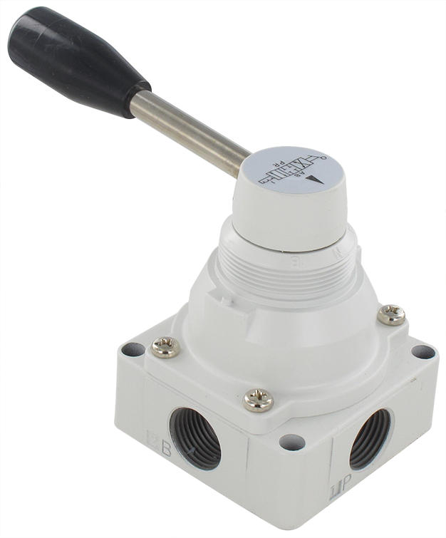 Rotary lever pneumatic valve 4/3-1/2'' in metal, stable in 3 positions, closed centers