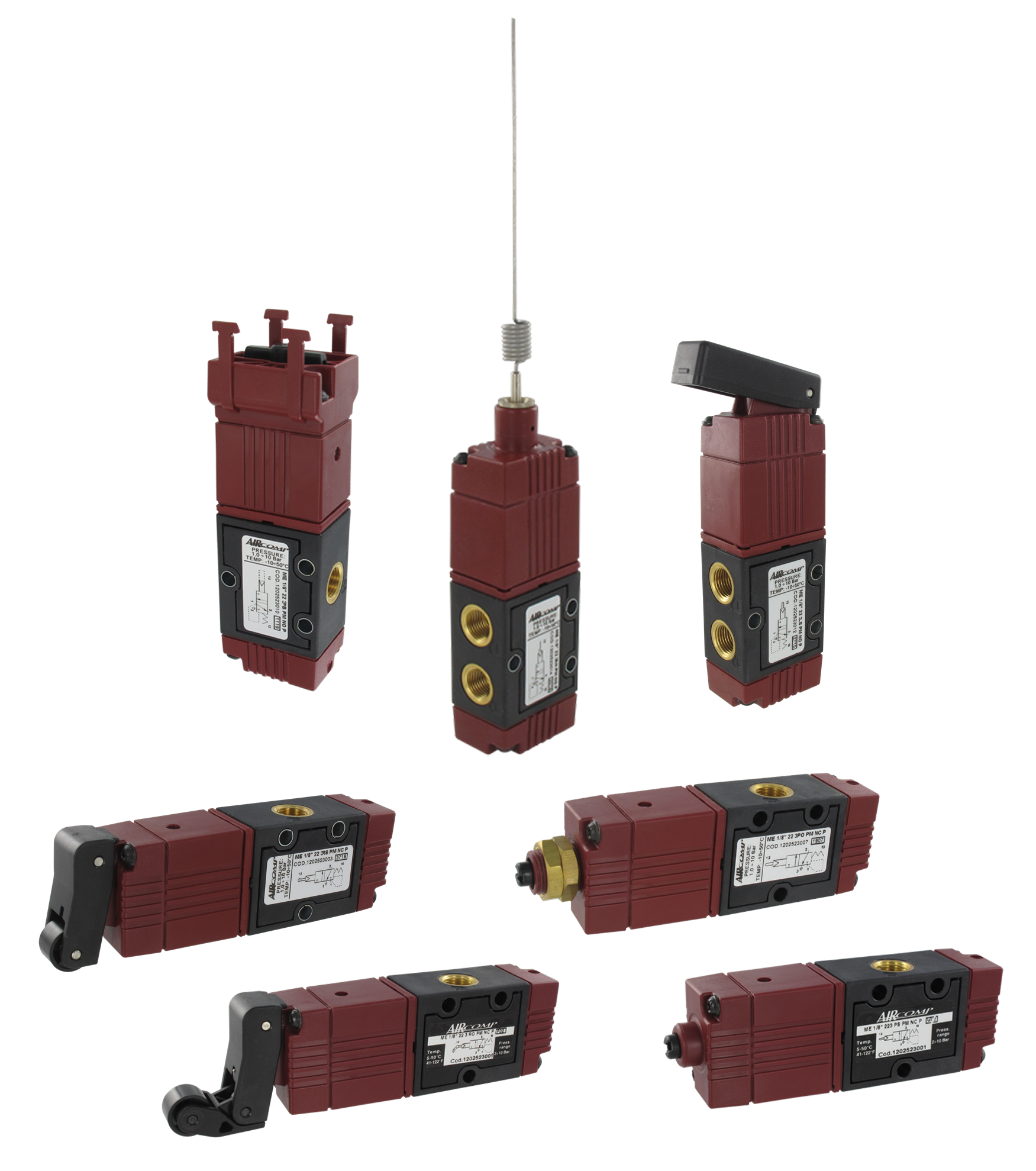 3/2-G1/8 pneumatically-operated spool valve with mechanical push-through actuation