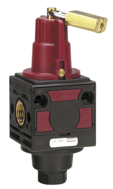 Vanne d'arrêt 3 voies avec 1 cadenas G1/4\" pour air comprimé FRL technopolymère AIRCOMP® (G1/4''- G1'')
